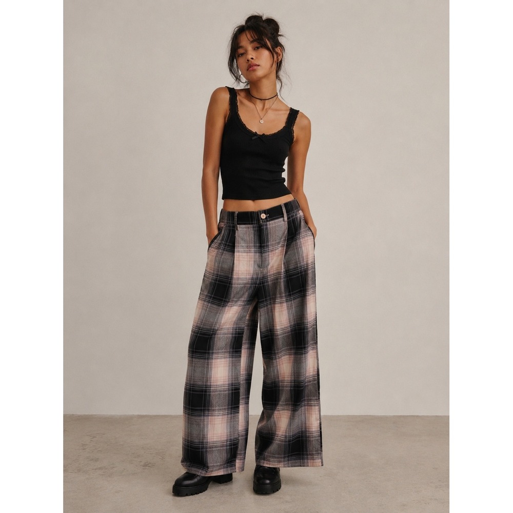 Urban Outfitters Pink and Black Plaid Wide Leg Pleated High Waist Pants Small